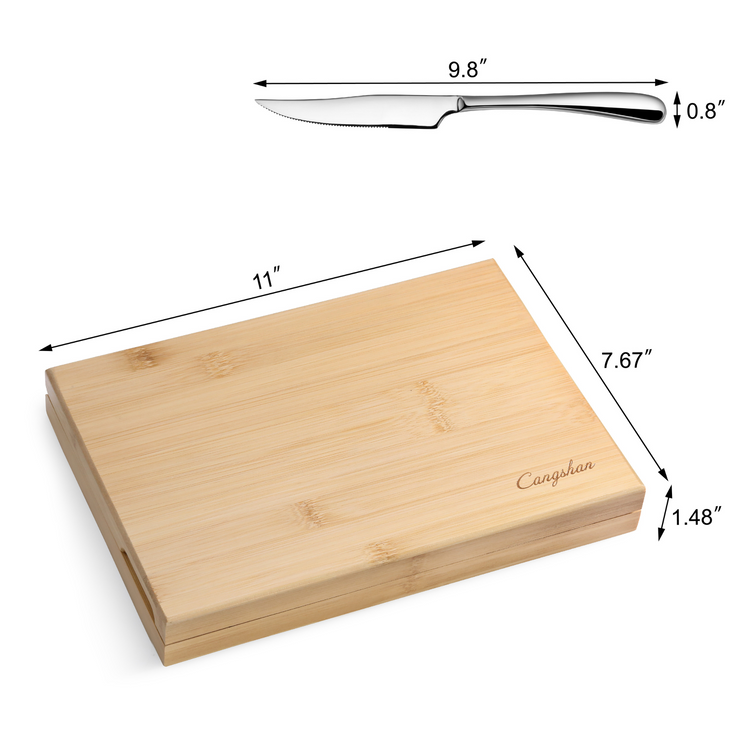 Single stainless steel steak knife measuring 9.8 inches with a bamboo storage box measuring 11 by 7.67 by 1.48 inches.