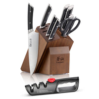 Wooden knife block holding six knives and kitchen scissors, with a separate black knife sharpener in front.