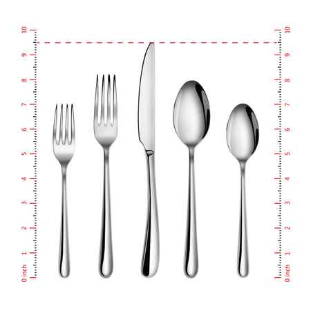 Five stainless steel flatware pieces including a salad fork, dinner fork, knife, tablespoon, and teaspoon aligned vertically.