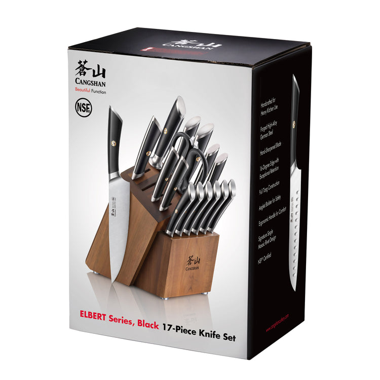 17-piece knife set with black handles in a wooden block, displayed on product packaging box.