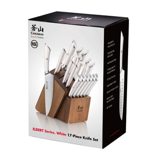 
                    
                      17-piece knife set with white handles in an acacia wood block, including chef, paring, and utility knives.
                    
                  