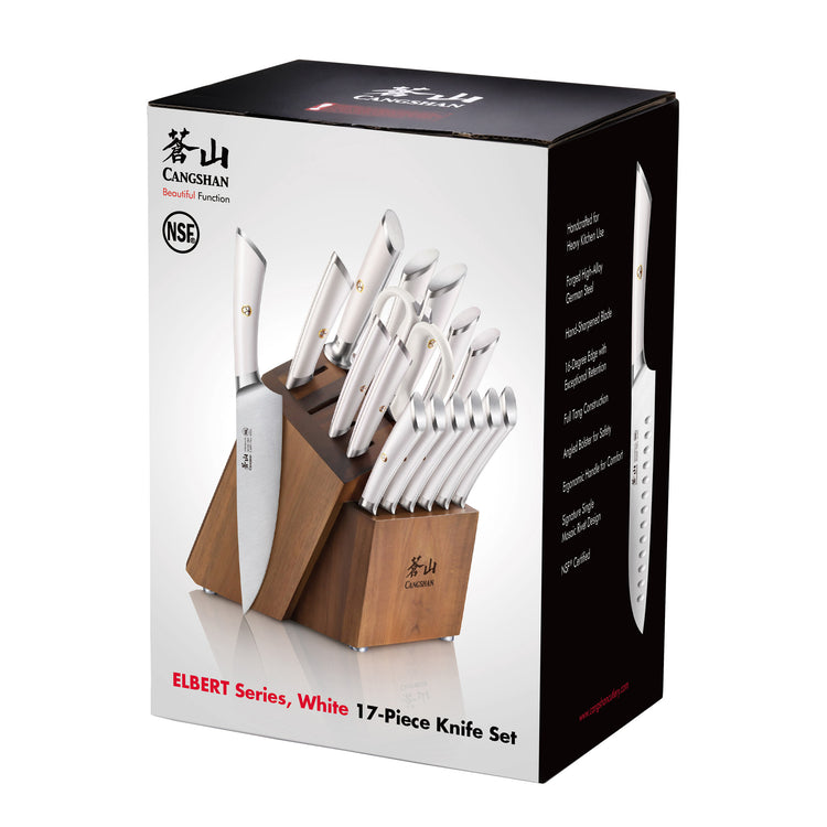 17-piece knife set with white handles in an acacia wood block, including chef, paring, and utility knives.