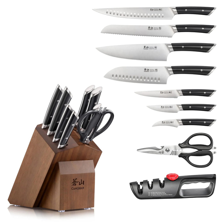 Knife block set with eight knives, kitchen scissors, and a knife sharpener in a wooden acacia block.