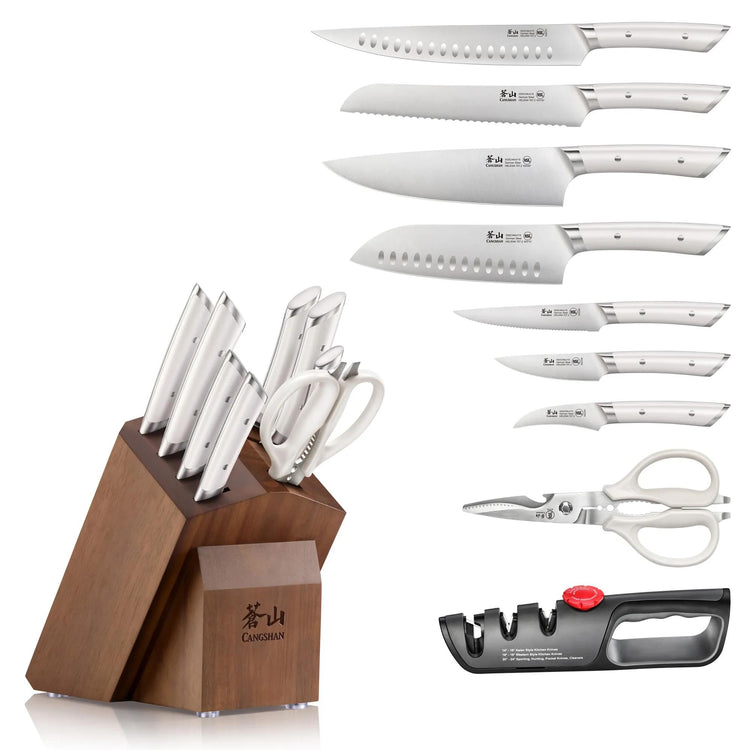 Knife block set with eight knives, kitchen shears, and a knife sharpener, featuring a wooden acacia block.