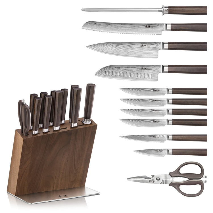 MAYA Series 12-Piece Knife Block Set with X-7 Damascus steel blades, dark wood handles, and a walnut block.