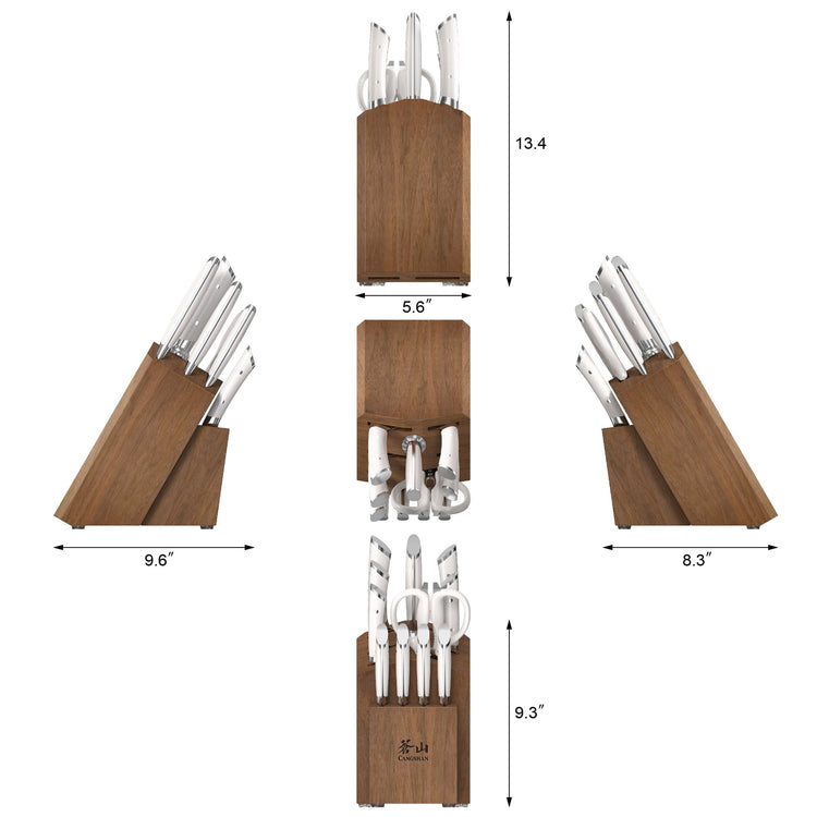Knife block set with multiple knives and kitchen tools, shown from five angles with dimensions in inches.