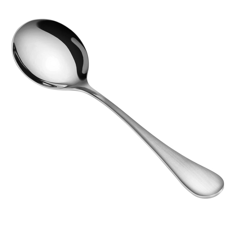 Stainless steel bouillon spoon with a polished bowl and matte finish handle, curved design.