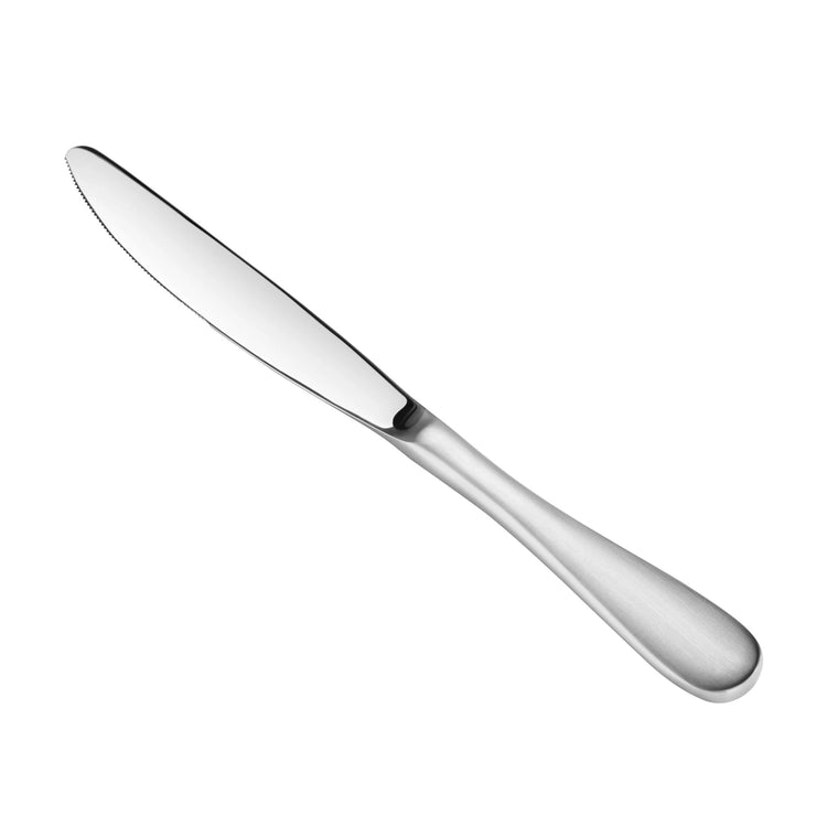 Dinner knife with a smooth matte finish handle and stainless steel blade, part of the RAIN Series flatware.