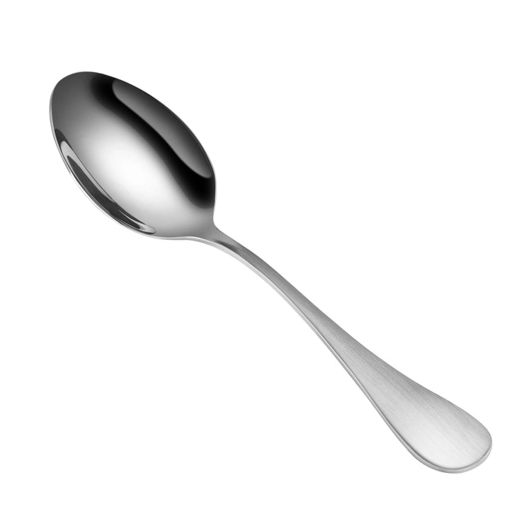 Single stainless steel teaspoon with a matte finish handle and polished bowl, isolated on white background.