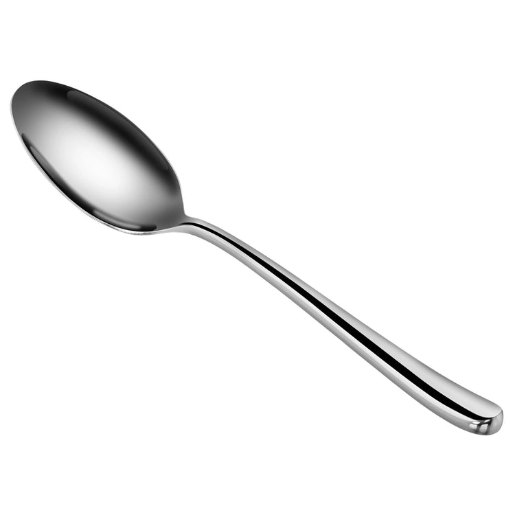 Single forged stainless steel dinner spoon with a smooth, curved handle and mirror finish.
