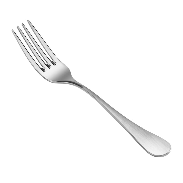 Single stainless steel salad fork with a matte finish handle, four tines, and a slightly curved neck.