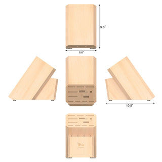 
                    
                      Maple knife block with 16 slots, flat top, shown from five angles with dimensions 9.8" height, 6.6" width, 10.5" depth.
                    
                  