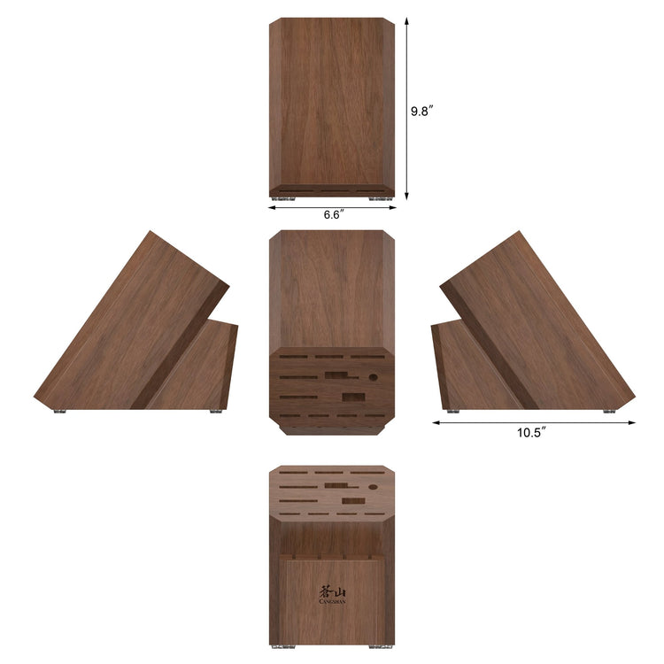 Rectangular acacia wood knife block with 16 slots, flat top, shown from five angles with dimensions.