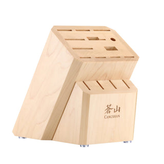
                    
                      Maple wood knife block with 16 slots, flat top design, angled for easy access, branded Cangshan.
                    
                  