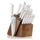 17-piece knife set with stainless steel blades and white handles in a wooden acacia block with knife slots.