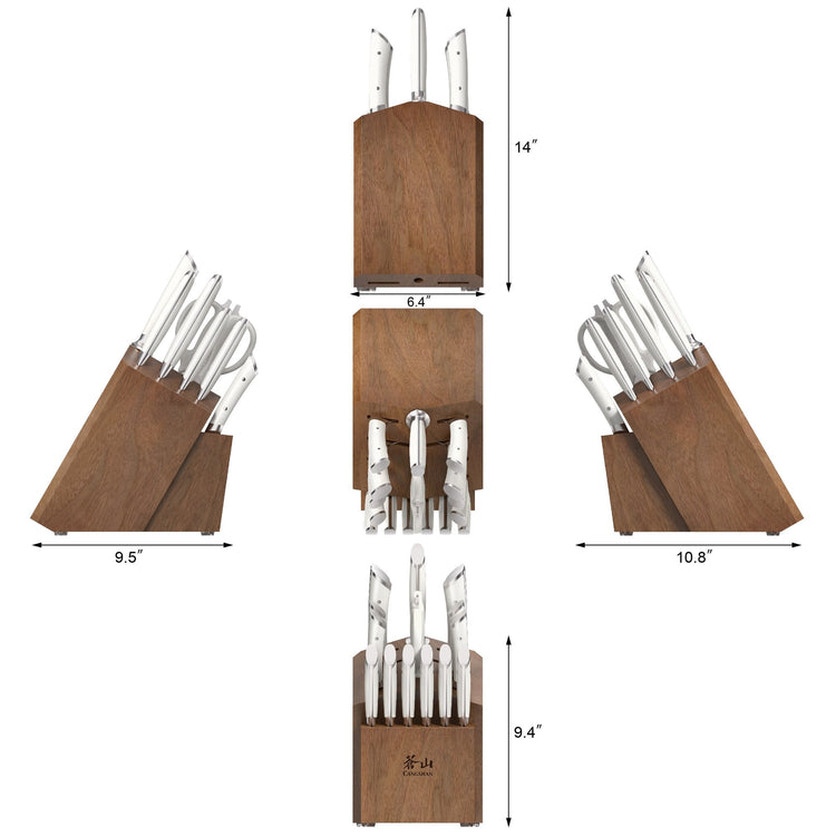 Wooden knife block with 17 stainless steel knives, shown from multiple angles with dimensions.