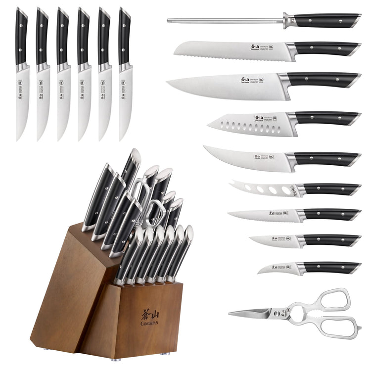 Seventeen-piece knife set with black handles, including various knives, kitchen shears, and a wooden block.