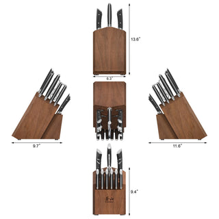 
                    
                      Wooden knife block with black-handled knives shown from multiple angles with dimensions: 13.6" height, 6.3" width, 9.7" and 1
                    
                  