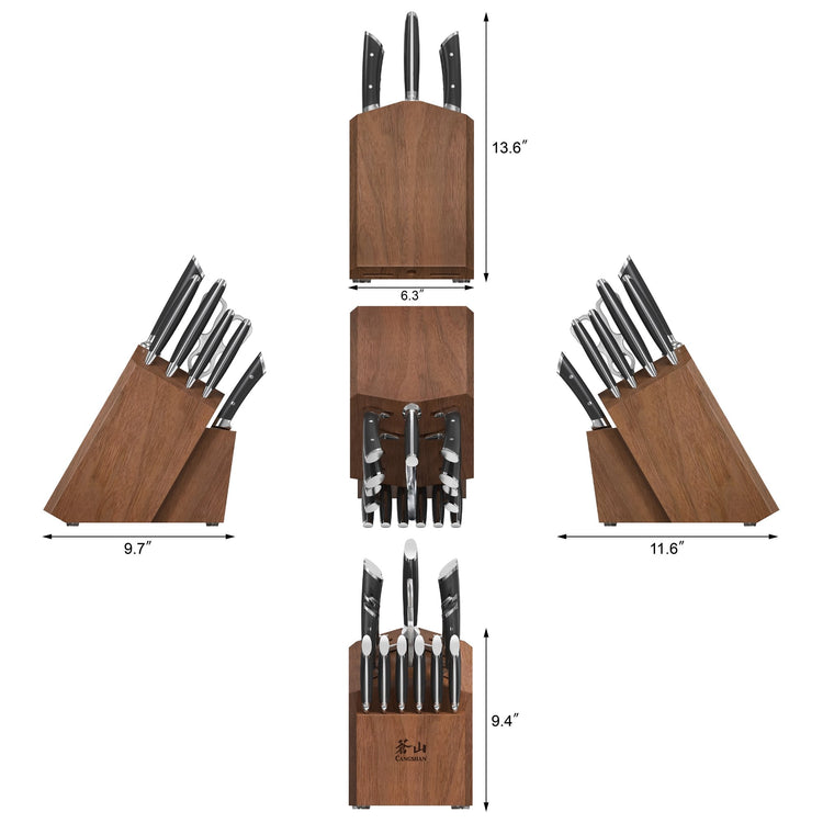 Wooden knife block with black-handled knives shown from multiple angles with dimensions: 13.6" height, 6.3" width, 9.7" and 1