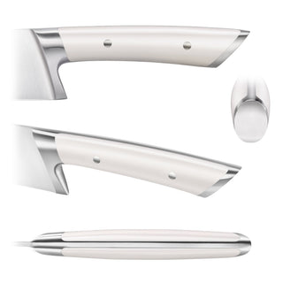 
                    
                      White ergonomic knife handle with metal bolsters and rivets shown from four angles including side, top, and end views.
                    
                  