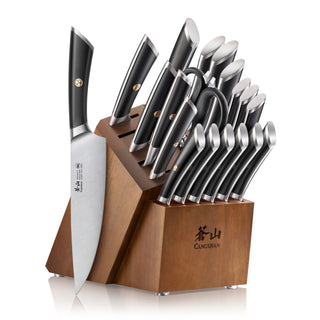 
                    
                      20-piece knife set with black handles in a wooden acacia block, including chef, paring, and utility knives.
                    
                  