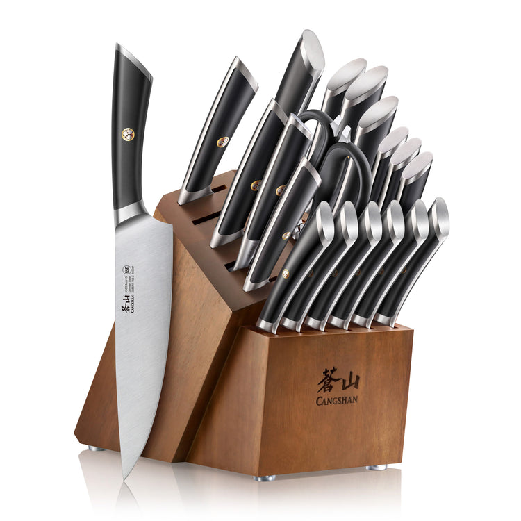 20-piece knife set with black handles in a wooden acacia block, including chef, paring, and utility knives.