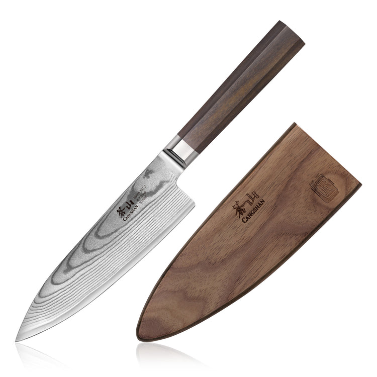 MAYA Series 6-inch X-7 Damascus steel chef's knife with dark wood handle and matching wooden sheath.