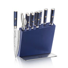 Blue knife block set holding eight knives and kitchen shears, with one knife displayed outside the block.