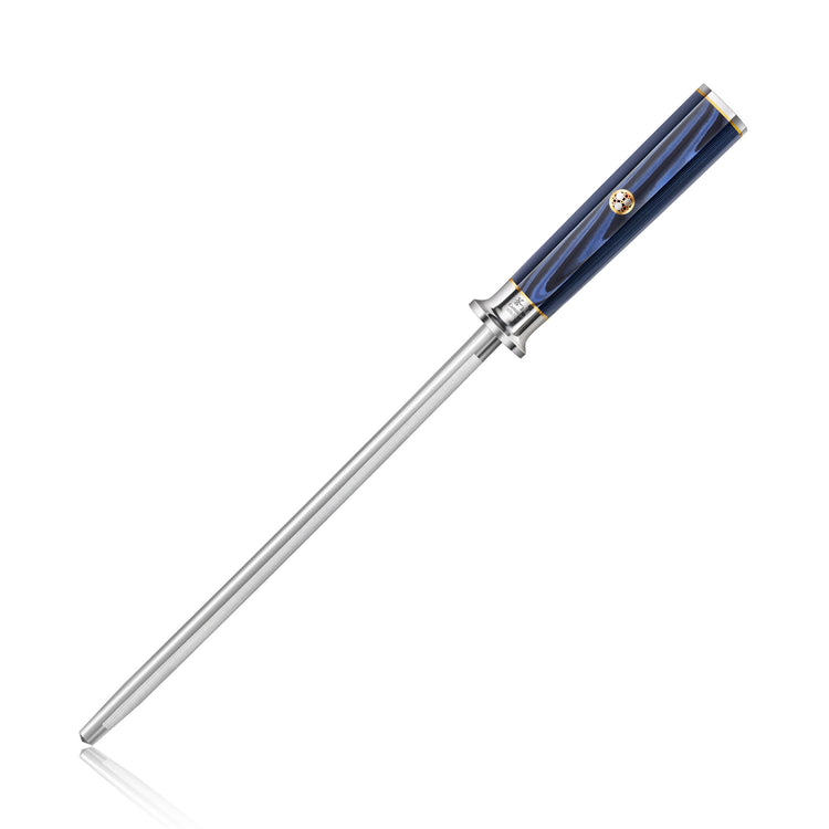 9-inch honing steel with diamond-coated rod and blue handle featuring a metal emblem and silver accents.