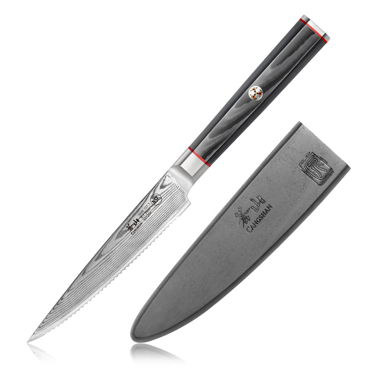 5-inch serrated utility knife with patterned Damascus steel blade and black handle, next to a gray protective sheath.