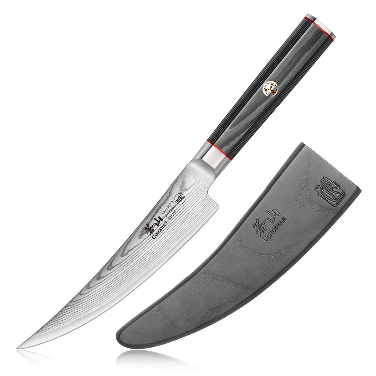 6-inch boning knife with patterned Damascus steel blade and black sheath with embossed logos.