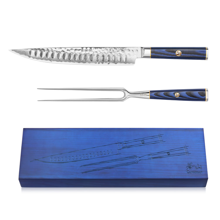 Carving knife and fork with blue handles and hammered steel blades, displayed above a blue wooden box with knife illustration