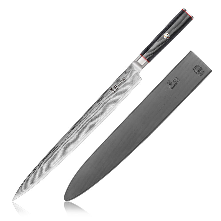 12-inch sashimi knife with patterned Damascus steel blade and black sheath with embossed logo.