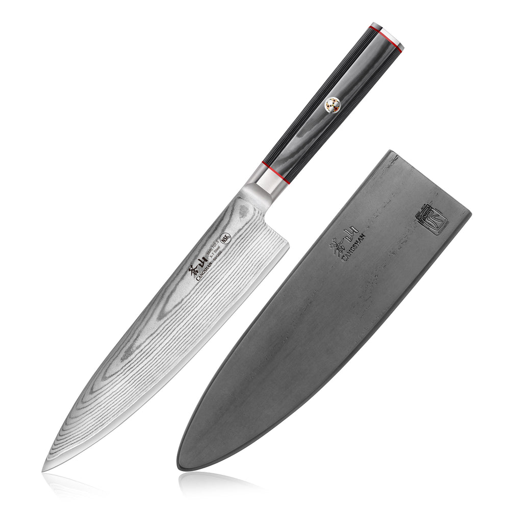 
                  
                    Cargar imagen en el visor de la galería, YARI Series 8-Inch Chef&amp;#39;s Knife with Sheath, X-7 Damascus Steel, 501202
                  
                