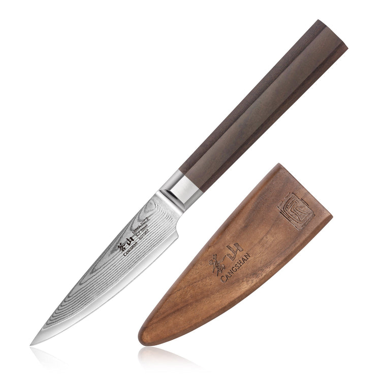 MAYA Series 3.5-Inch Paring Knife X-7 Damascus Steel with dark wood handle next to a matching wooden sheath.