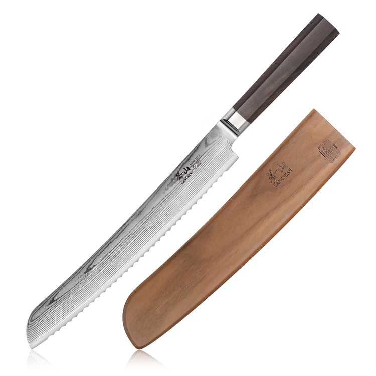 MAYA Series 9-Inch Bread Knife X-7 Damascus Steel with a serrated blade, dark wood handle, and wooden sheath.