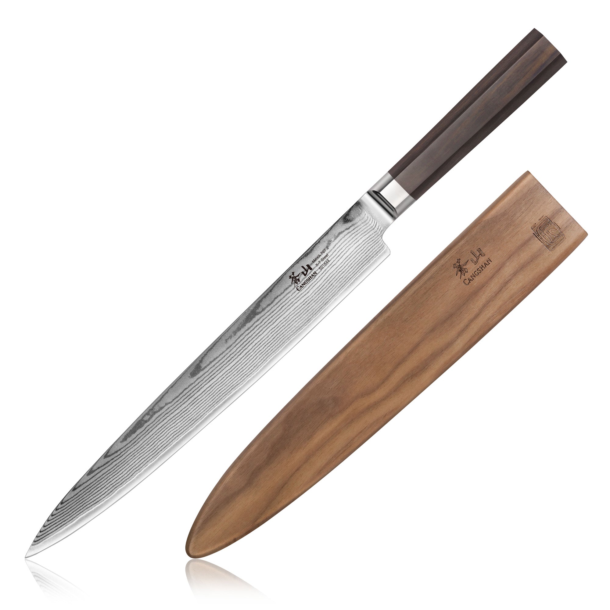 10-inch Damascus steel sashimi knife with dark wooden handle and matching wooden sheath.