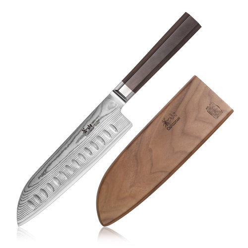 7-inch Damascus steel Santoku knife with a dark wooden handle and a matching wooden sheath.