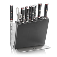 Knife block set with eight knives, kitchen shears, and sharpening rod in a black wooden block with metal base.