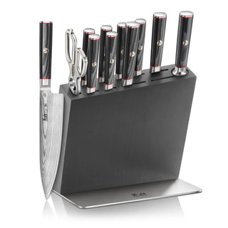 
                    
                      Knife block set with eight knives, kitchen shears, and sharpening rod in a black wooden block with metal base.
                    
                  