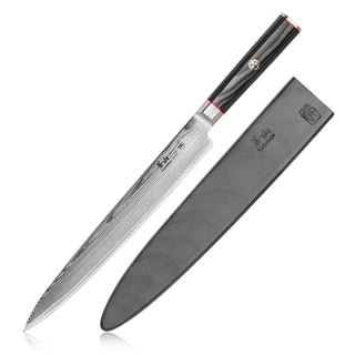 
                    
                      10-inch sashimi knife with patterned Damascus steel blade and black handle, shown with black protective sheath.
                    
                  