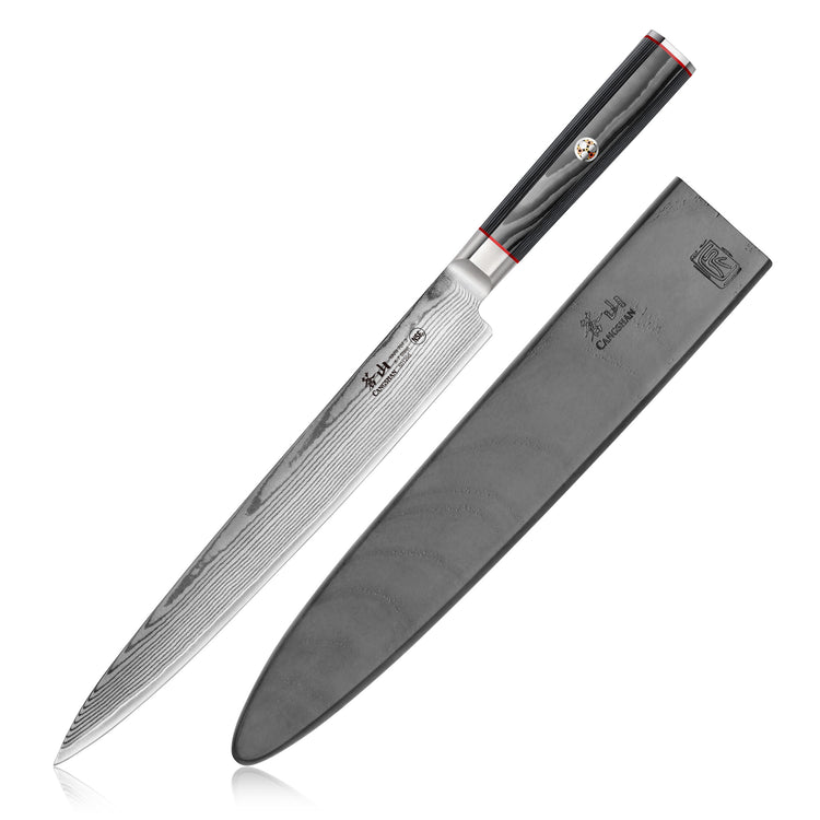 10-inch sashimi knife with patterned Damascus steel blade and black handle, shown with black protective sheath.