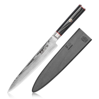
                    
                      8-inch sashimi knife with patterned Damascus steel blade and black handle, shown with black protective sheath.
                    
                  