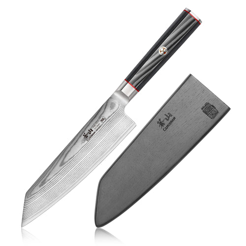 7-inch Kiritsuke knife with patterned Damascus steel blade and black sheath with embossed logo.