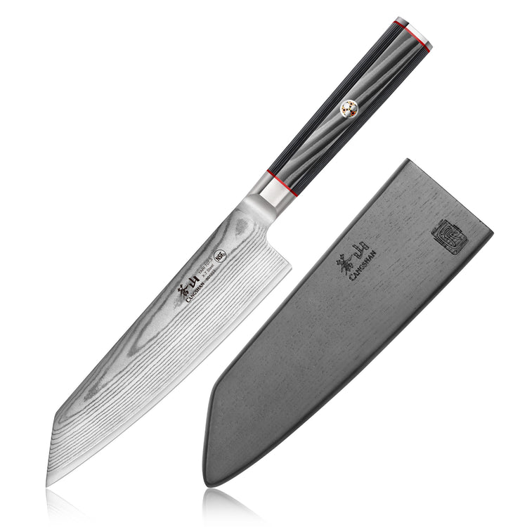 7-inch Kiritsuke knife with patterned Damascus steel blade and black sheath with embossed logo.