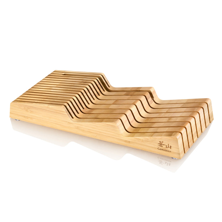 Bamboo knife organizer with 15 angled slots designed to fit inside a drawer.
