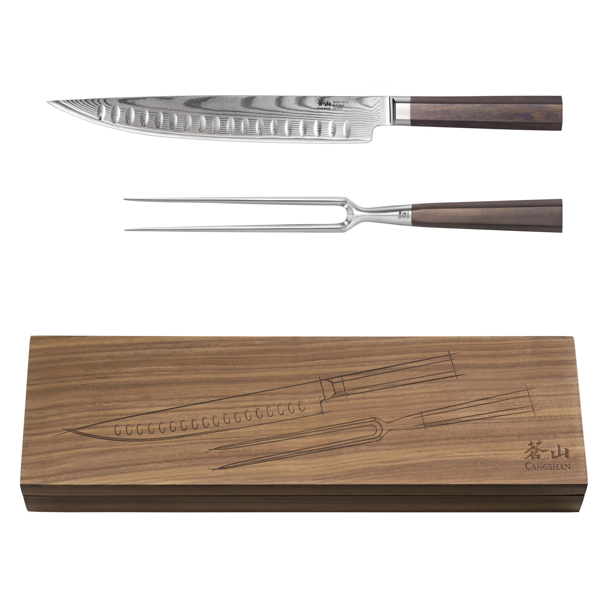 Two-piece carving set with a Damascus steel knife and fork, both with wooden handles, displayed above a wooden storage box.