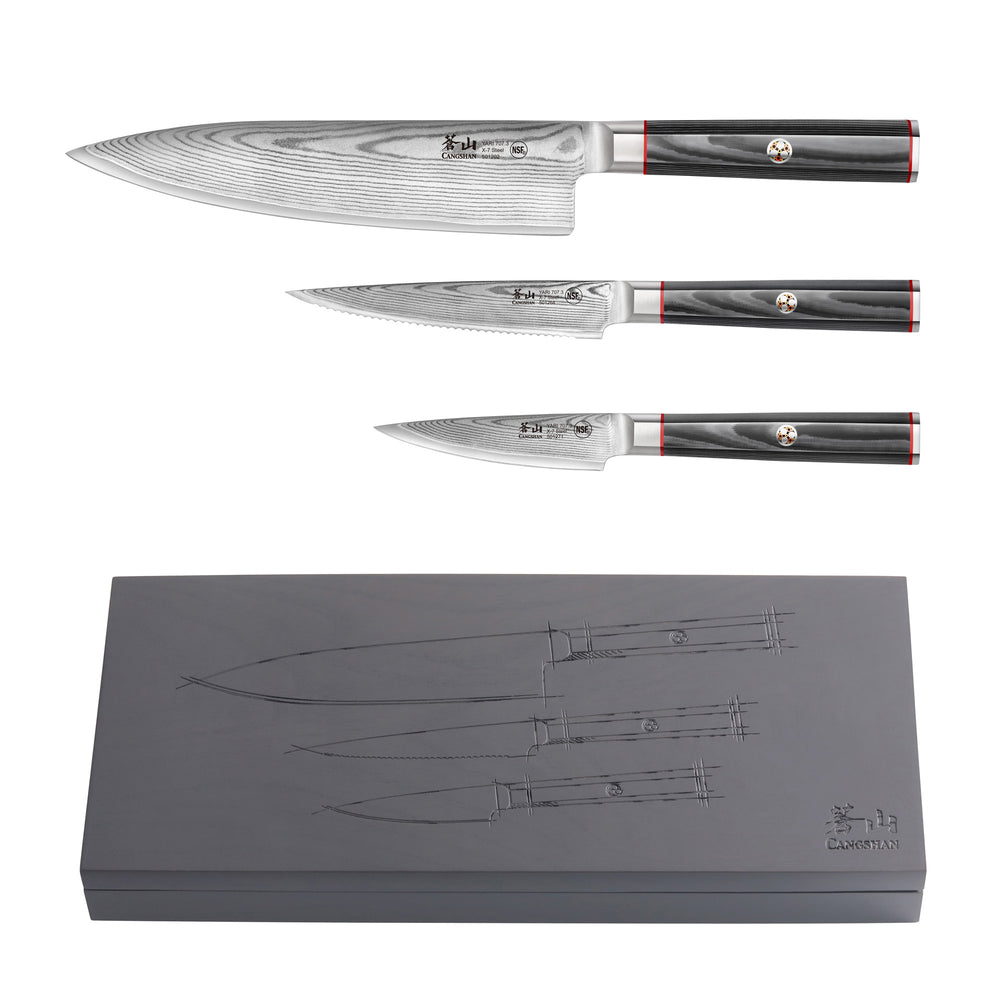 
                  
                    Cargar imagen en el visor de la galería, YARI Series 3-Piece Starter Knife Set with Ash Wood Box, X-7 Damascus Steel, 501356
                  
                