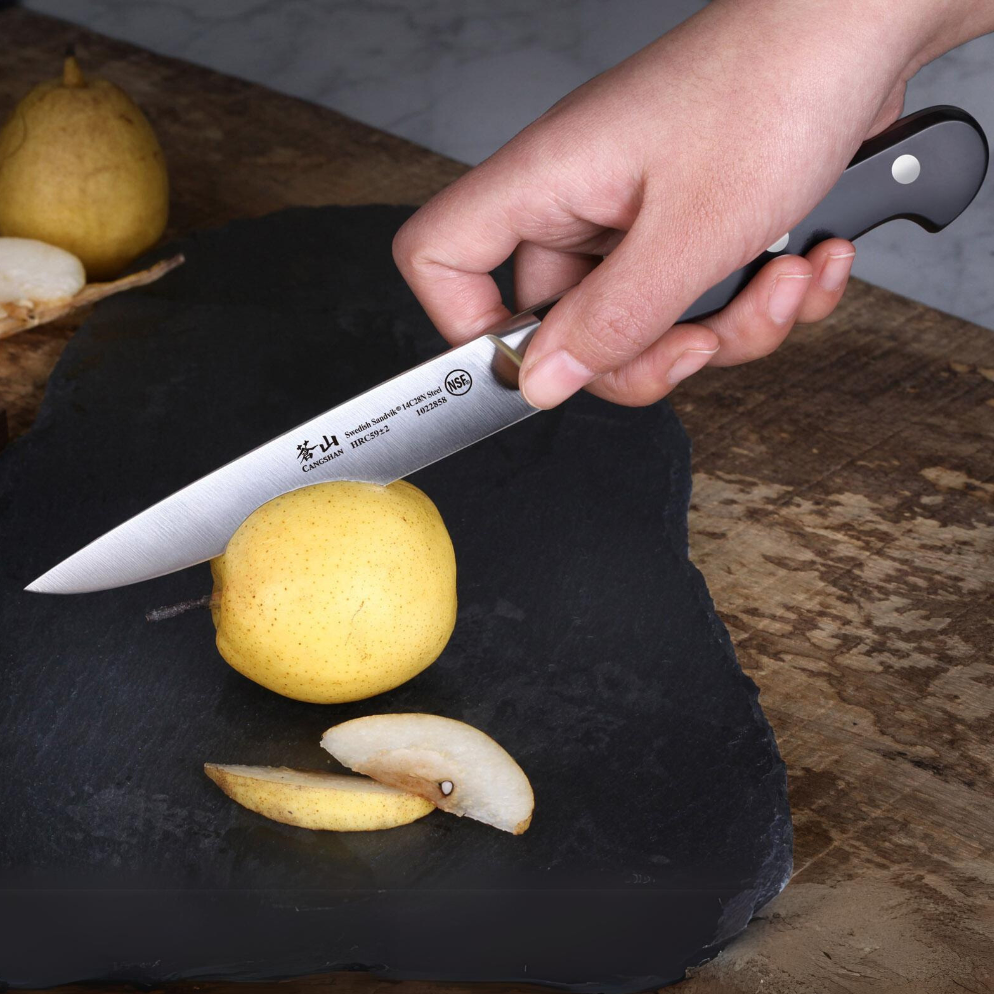 TV2 Series 5-Inch Utility Knife with Wood Sheath, Forged Swedish 14C28N Steel, 1022865