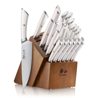 
                    
                      20-piece knife set with stainless steel blades and handles, displayed in a wooden block with angled slots.
                    
                  